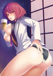 Rule 34 | 1girl, amisu, ass, beer mug, bent over, black panties, black shirt, blush, breasts, cowboy shot, cup, drinking glass, drunk, from behind, holding, holding cup, holding drinking glass, horikawa raiko, jacket, large breasts, looking at viewer, looking back, microskirt, mug, necktie, nipples, open clothes, open jacket, open mouth, open shirt, panties, purple necktie, red eyes, red hair, shirt, short hair, skirt, sliding doors, solo, squeans, suit jacket, touhou, underwear