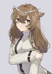 Rule 34 | 1girl, arknights, arm across chest, arm grab, arm under breasts, breasts, brown hair, commentary request, grey background, hair between eyes, highres, long hair, long sleeves, looking at viewer, medium breasts, miyachi (tanya visha), orange eyes, ribbed sweater, silence (arknights), simple background, sleeves past wrists, solo, sweater, turtleneck, turtleneck sweater, upper body, white sweater