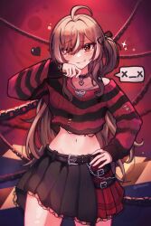 Rule 34 | 1girl, ahoge, belt, belt chain, black choker, black skirt, black sweater, blush, brown eyes, brown hair, chain, chain necklace, choker, cthuwoo, emo fashion, grin, hair over one eye, hand on own hip, hand up, heart, heart choker, highres, hololive, hololive english, jewelry, lace-trimmed choker, lace trim, long hair, looking at viewer, midriff, multicolored hair, nanashi mumei, nanashi mumei (emo), navel, necklace, one side up, plaid, plaid skirt, pleated skirt, red background, red skirt, red sweater, skirt, smile, streaked hair, striped clothes, striped sweater, sweater, two-tone sweater, very long hair, virtual youtuber, x x