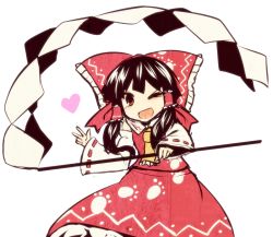 Rule 34 | 1girl, black hair, commentary request, detached sleeves, dress, gohei, hair ornament, hair ribbon, hakurei reimu, heart, kuresento, one eye closed, open mouth, paw print, paw print pattern, red dress, red ribbon, ribbon, touhou