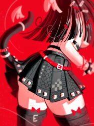 Rule 34 | 1girl, andaerz, belt, black hair, blunt ends, bracelet, breasts, cat girl, cat tail, from behind, hair ornament, hairclip, highres, jewelry, long hair, mini wings, original, pleated skirt, red background, skirt, solo, spiked bracelet, spikes, tail, tail ornament, thighhighs, topless, wings