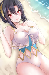 Rule 34 | 1girl, :d, alternate costume, bare arms, bare shoulders, beach, black hair, breasts, cleavage, commentary request, fire emblem, fire emblem engage, hand on own hip, hands up, highres, kirishima riona, looking at viewer, lying, medium breasts, nel (fire emblem), nintendo, on back, one-piece swimsuit, open mouth, red eyes, short hair, smile, solo, swimsuit, water, white one-piece swimsuit