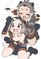 Rule 34 | 2girls, american beaver (kemono friends), american beaver (kemono friends) (cosplay), animal ears, antenna hair, appleq, arm up, artist name, bare legs, barefoot, beaver ears, beaver tail, bike shorts, blush, boots, unworn boots, bra, breasts, brown eyes, brown hair, collarbone, commentary request, cosplay, costume switch, cutoffs, elbow gloves, eurasian beaver (kemono friends), eurasian beaver (kemono friends) (cosplay), extra ears, facing another, unworn footwear, gloves, grey hair, hair ornament, hairclip, highres, hood, hood down, hoodie, jacket, kemono friends, kneeling, long sleeves, looking up, loose clothes, loose gloves, multicolored hair, multiple girls, open clothes, open fly, open jacket, open mouth, open shorts, partially undressed, shoes, short hair, short shorts, shorts, shorts under shorts, simple background, single shoe, sitting, small breasts, smile, sparkle, sparkling eyes, tail, toes, two-tone hair, underwear, wariza, white background