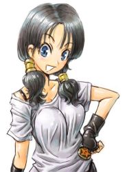 Rule 34 | 1girl, amania orz, black hair, blue eyes, breasts, dragon ball, dragonball z, fingerless gloves, gloves, long hair, looking at viewer, open mouth, shirt, simple background, smile, solo, twintails, videl, white background, white shirt