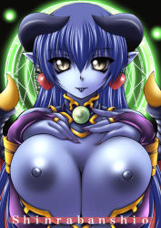 Rule 34 | 1girl, astaroth (shinrabanshou), black background, black sclera, blue skin, breasts, breasts out, breasts squeezed together, colored sclera, colored skin, demon, female focus, green background, horns, huge breasts, large breasts, nipples, non-web source, portrait, shinrabanshou, solo
