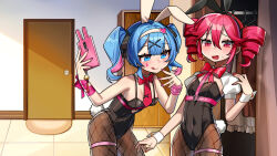 2girls alternate_costume animal_ears black_leotard blue_hair breasts cellphone colored_inner_hair door double-parted_bangs dress drill_hair facial_tattoo fake_animal_ears fingernails fishnet_pantyhose fishnets hair_between_eyes hatsune_miku headband highres holding holding_phone indoors kakosa_sama kasane_teto leotard multicolored_hair multiple_girls necktie open_mouth pantyhose phone pink_hair pink_nails playboy_bunny rabbit_ears rabbit_hole_(vocaloid) red_eyes red_hair red_nails red_necktie short_sleeves small_breasts smartphone smile sweatdrop tattoo thigh_strap tongue tongue_out twin_drills unworn_dress utau vocaloid white_wrist_cuffs wrist_cuffs