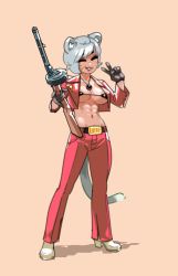 Rule 34 | 1girl, abs, animal ears, belt buckle, bikini, bikini top only, black bikini, black gloves, breasts, buckle, cat ears, cat girl, cat tail, commentary, cropped jacket, english commentary, closed eyes, facial mark, gloves, grey hair, gun, high heels, highres, holding, holding gun, holding weapon, jacket, jewelry, large breasts, micro bikini, muscular, muscular female, navel, necklace, no shirt, noyemik, original, pants, parted lips, pink hair, pink jacket, pink pants, short hair, simple background, smile, solo, string bikini, submachine gun, suomi kp/-31, swimsuit, tail, v, weapon, whisker markings