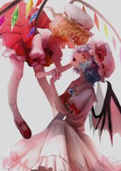 Rule 34 | 2girls, artist name, ascot, bat wings, blonde hair, blue gemstone, blue hair, bow, collared dress, collared shirt, commentary request, crystal, dress, fang, fangs, flandre scarlet, flying, frills, gem, grey background, grey headwear, grey socks, hair between eyes, hand up, hands up, hat, hat ribbon, highres, jewelry, looking at another, looking down, looking up, mob cap, multicolored wings, multiple girls, one side up, open mouth, orange ascot, pink dress, pink headwear, pointy ears, puffy short sleeves, puffy sleeves, red ascot, red bow, red dress, red eyes, red footwear, red ribbon, remilia scarlet, ribbon, sakikomimimmi, shirt, shoes, short hair, short sleeves, siblings, simple background, sisters, sitting, smile, socks, touhou, wings