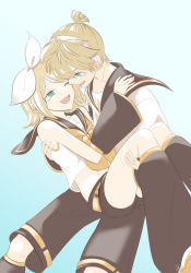Rule 34 | 1boy, 1girl, bare shoulders, bass clef, blonde hair, bow, carrying, crop top, detached sleeves, green eyes, hair bow, hair ornament, hairclip, hand on another&#039;s back, hand on another&#039;s shoulder, headphones, headset, highres, kagamine len, kagamine rin, leg warmers, midriff, navel, neckerchief, necktie, noa (retsuhim6927), one eye closed, open mouth, princess carry, sailor collar, shirt, short sleeves, shorts, sleeveless, sleeveless shirt, smile, treble clef, vocaloid, yellow necktie