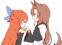 Rule 34 | 2girls, animal ears, bad id, bad pixiv id, black shirt, brown hair, cape, dress, from side, hair between eyes, hair ribbon, kissing hand, hand to own mouth, height difference, imaizumi kagerou, jitome, kiss, long hair, looking at another, misha (hoongju), multiple girls, red eyes, red hair, ribbon, sekibanki, shirt, short hair, tail, touhou, white dress, wide sleeves, wolf ears, wolf tail, yuri