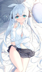 Rule 34 | 1girl, animal ears, bed sheet, black bow, black skirt, blush, bow, breasts, closed mouth, collared shirt, commentary request, dress shirt, feet out of frame, green eyes, grey hair, groin, hair between eyes, hair bow, hand up, highres, long hair, long sleeves, looking at viewer, lying, on back, original, pillow, pleated skirt, rabbit ears, satsuki yukimi, shirt, skirt, sleeves past wrists, small breasts, solo, twintails, very long hair, white shirt