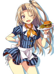 Rule 34 | 1girl, absurdres, alternate costume, apron, azur lane, blonde hair, blue shirt, blue skirt, burger, buttons, cleveland (azur lane), collarbone, collared shirt, cowboy shot, dress shirt, fast food, food, french fries, hair intakes, highres, holding, holding plate, long hair, macaroni hourensou, neckerchief, one eye closed, one side up, open mouth, panties, pantyshot, plate, puffy short sleeves, puffy sleeves, shirt, short sleeves, side-tie panties, simple background, skirt, smile, solo, standing, striped clothes, striped shirt, striped skirt, underwear, vertical-striped clothes, vertical-striped shirt, vertical-striped skirt, waist apron, waitress, white apron, white background, white panties, wrist cuffs, yellow eyes, yellow neckerchief