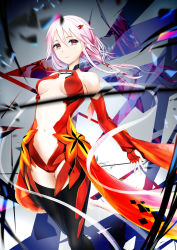 Rule 34 | 1girl, bare shoulders, black thighhighs, breasts, breasts apart, center opening, closed mouth, detached sleeves, expressionless, feet out of frame, fingerless gloves, gloves, grey background, guilty crown, hair between eyes, hair ornament, hairpin, halterneck, highres, leotard, lips, long hair, long sleeves, looking at viewer, low ponytail, medium breasts, navel, nishibi mitsuba, pink hair, red eyes, red gloves, red leotard, revealing clothes, shatter, solo, standing, stomach, thighhighs, waist cape, yuzuriha inori