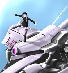 Rule 34 | 1girl, armored core, armored core: for answer, blue skin, colored skin, female focus, from software, hat, mecha, outdoors, robot, sky, solo, standing, thighhighs