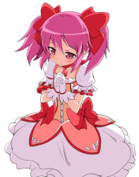 Rule 34 | 10s, 1girl, blush, bow, choker, gloves, hair bow, highres, jewelry, kaname madoka, mahou shoujo madoka magica, mahou shoujo madoka magica (anime), massala, own hands clasped, own hands together, pendant, pink eyes, pink hair, praying, puffy sleeves, sad, short hair, short twintails, skirt, solo, tears, twintails