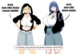 Rule 34 | 2girls, backpack, bag, black eyes, black jacket, blue eyes, blue hair, blue skirt, breasts, closed mouth, collared shirt, commentary request, grey bag, hairband, hands on own hips, highres, huge breasts, ibnu rusydi, indonesian commentary, indonesian high school uniform, indonesian text, jacket, large breasts, long hair, long sleeves, looking at viewer, multiple girls, orange scrunchie, original, school uniform, scrunchie, shirt, short hair, skirt, smile, standing, thick eyebrows, translation request, twintails, upper body, white background, white hairband, white shirt, wrist scrunchie