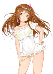 Rule 34 | 1girl, absurdres, artist request, bad id, bad pixiv id, bare arms, bare legs, bare shoulders, bikini, bikini pull, blush, breasts, brown eyes, brown hair, catnnn, chuunibyou demo koi ga shitai!, clothes pull, collarbone, commentary request, hair between eyes, hair ornament, hairclip, hand on own hip, highres, kyoto animation, large breasts, long hair, navel, nibutani shinka, one side up, shirt, short sleeves, simple background, solo, standing, swimsuit, wet, wet clothes, white background, yellow bikini