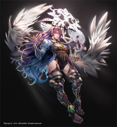 Rule 34 | 1girl, armored boots, black background, blue eyes, boots, breasts, closed mouth, crown, hand up, hero cantare, heterochromia, highres, lee soo-jin, long hair, looking at viewer, medium breasts, multicolored eyes, necktie, official art, purple hair, red eyes, solo, the god of high school, thick thighs, thigh boots, thighhighs, thighs, white wings, wings, yagaaaa