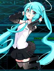 Rule 34 | 1girl, :o, absurdly long hair, airborne, aqua eyes, aqua hair, aqua necktie, arms up, bare shoulders, black background, black footwear, black skirt, black sleeves, blue background, blush, boots, breasts, chibikki, collared shirt, detached sleeves, english text, full body, green background, grid background, hair between eyes, hair ornament, halo, hands on headphones, hatsune miku, hatsune miku (vocaloid4), headphones, highres, long hair, long sleeves, looking at viewer, multicolored background, necktie, open mouth, pixel art, pleated skirt, raised eyebrows, shirt, sidelocks, skirt, sleeveless, sleeveless shirt, sleeves past wrists, small breasts, solo, teeth, thigh boots, thighhighs, twintails, upper teeth only, very long hair, vocaloid, white shirt, wing collar, zettai ryouiki