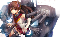 Rule 34 | 10s, 1girl, breasts, brown eyes, brown hair, cherry blossoms, gradient background, hair ornament, headgear, highres, kantai collection, long hair, ponytail, solo, yahhooooi, yamato (kancolle)