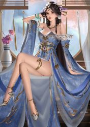 Rule 34 | 1girl, absurdres, bare shoulders, blue dress, bracelet, brown hair, chinese clothes, dress, flower, full body, hand in own hair, high heels, highres, jewelry, kingpiao, long hair, looking at viewer, necklace, original, parted lips, round window, sitting, solo, teeth, thighlet, vase, window