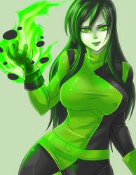 Rule 34 | 1girl, black bodysuit, black hair, bodysuit, breasts, exaxuxer, fire, gloves, green background, green eyes, green hair, green theme, kim possible (series), large breasts, light smile, lips, lipstick, makeup, matching hair/eyes, shego, solo