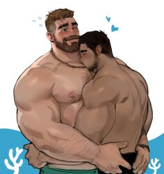 Rule 34 | 2boys, bara, beard, black hair, black male swimwear, blush, brown hair, closed eyes, coral island, couple, dopey (dopq), facial hair, green male swimwear, highres, hug, jewelry, large pectorals, male focus, male swimwear, mark (coral island), multiple boys, muscular, muscular male, mustache, necklace, nipples, one eye closed, pectorals, rafael (coral island), short hair, smile, thick beard, thick mustache, topless male, yaoi