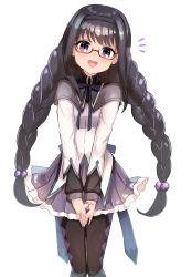 Rule 34 | 1girl, :d, absurdres, akemi homura, black hair, black hairband, braid, capelet, glasses, hairband, highres, long hair, magia record: mahou shoujo madoka magica gaiden, magical girl, mahou shoujo madoka magica, nacky0610, open mouth, own hands together, pantyhose, purple eyes, simple background, skirt, smile, solo, twin braids, white background