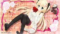 Rule 34 | 1girl, blonde hair, female focus, flower, green eyes, heart, kobuichi, long hair, original, thighhighs, valentine