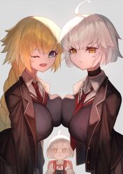 Rule 34 | 3girls, blonde hair, blue eyes, braid, braided ponytail, breasts, fate/grand order, fate (series), grey hair, highres, jacket, jeanne d&#039;arc (fate), jeanne d&#039;arc alter (avenger) (fate), jeanne d&#039;arc alter (fate), jeanne d&#039;arc alter santa lily (fate), large breasts, long hair, long sleeves, looking at viewer, m0 chi, multiple girls, one eye closed, open clothes, open jacket, open mouth, school uniform, short hair, small breasts, smile, yellow eyes