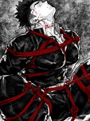 Rule 34 | 1boy, absurdres, bara, belt, blood, blood on face, bound, closed eyes, closed mouth, highres, himejima gyoumei, ico aico, jacket, kimetsu no yaiba, large pectorals, male focus, muscular, muscular male, pants, pectorals, restrained, rope, shibari, short hair, solo