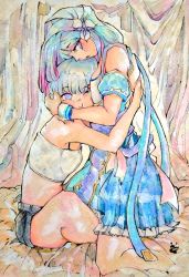 Rule 34 | 2girls, artist logo, bare arms, bare shoulders, belt, black shorts, blue dress, blue hair, blue ribbon, blush, bow, bra strap, breasts, cheek press, closed mouth, clothing cutout, commentary, dress, flower, frilled dress, frills, gold trim, hair between eyes, hair flower, hair ornament, hairclip, hand on another&#039;s head, hands on another&#039;s back, happy, hina misora, hug, indian style, iosa ferran, kneeling, long hair, medium hair, midriff, monochrome, multicolored hair, multiple girls, mutual hug, one eye closed, pink hair, plaid, plaid dress, puffy short sleeves, puffy sleeves, purple eyes, raised eyebrows, ribbon, rurine luna, sad, short shorts, short sleeves, shorts, shoulder cutout, sitting, small breasts, smile, spanish commentary, strapless, traditional media, tube top, virtual youtuber, wactor production, waist hug, white flower, white hair, white tube top, wrist cuffs