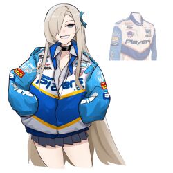 Rule 34 | 1girl, absurdres, asuna (blue archive), black choker, black skirt, blonde hair, blue archive, blue eyes, blue ribbon, breasts, choker, cleavage, collared shirt, commentary, fedex, ford, hair over one eye, hair ribbon, hands in pockets, highres, holeecrab, indycar series, long hair, medium breasts, one eye covered, pleated skirt, racing suit, reference inset, ribbon, shirt, skirt, smile, solo, symbol-only commentary, upper body, very long hair, white background, white shirt