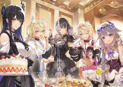 5girls animal_ears black_hair blonde_hair blue_hair breasts cake cleavage colored_inner_hair demon_horns dog_ears dog_girl food fuwawa_abyssgard fuwawa_abyssgard_(1st_costume) grey_hair hair_ornament holoadvent hololive hololive_english horns koseki_bijou koseki_bijou_(1st_costume) large_breasts long_hair marumoru medium_breasts mococo_abyssgard mococo_abyssgard_(1st_costume) multicolored_hair multiple_girls nerissa_ravencroft nerissa_ravencroft_(1st_costume) official_art pink_hair red_eyes shiori_novella shiori_novella_(1st_costume) siblings sisters smile split-color_hair streaked_hair twins virtual_youtuber