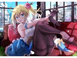 Rule 34 | 1girl, :o, arm garter, armpits, ass, bare arms, bare shoulders, black gloves, blonde hair, blue eyes, blue footwear, blue skirt, blush, breasts, brown pantyhose, commentary request, couch, cup, day, fang, flower, frilled shirt, frills, fuku kitsune (fuku fox), glint, gloves, hair flower, hair ornament, high heels, indoors, large breasts, legs up, long hair, looking at viewer, on couch, open mouth, original, pantyhose, pillow, pink flower, reclining, rose, saucer, shirt, side ponytail, sidelocks, skirt, sleeveless, sleeveless shirt, solo, teacup, thighband pantyhose, underbust, white shirt, window