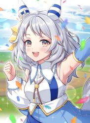 Rule 34 | 1girl, animal ears, blurry, blurry background, blush, breasts, brown eyes, clenched hand, commentary request, confetti, detached sleeves, grey hair, highres, hishi miracle (umamusume), horse ears, horse tail, looking at viewer, medium breasts, medium hair, mirukurim, sky, smile, solo, tail, umamusume