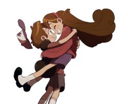 Rule 34 | 1boy, 1girl, ^ ^, ankle socks, bags under eyes, baseball cap, black footwear, blue headwear, blue jacket, blue vest, braces, brother and sister, brown hair, brown shorts, carrying, carrying person, closed eyes, closed mouth, dipper pines, face-to-face, forehead-to-forehead, from side, gravity falls, grin, hairband, happy, hat, heads together, unworn headwear, hug, jacket, kumao (uexxww), long hair, looking at another, mabel pines, mutual hug, noses touching, pine tree, pink hairband, pink sweater, profile, purple skirt, red shirt, shirt, shorts, siblings, single horizontal stripe, skirt, sleeveless, sleeveless jacket, smile, socks, sweater, tree, tree print, twins, very long hair, vest, white socks