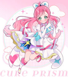 Rule 34 | 1girl, blue bow, blush, boots, bow, braid, character name, closed mouth, cure prism, dot nose, dress, dress bow, earrings, elbow gloves, full body, gloves, green eyes, hair bow, highres, hirogaru sky! precure, jewelry, knee boots, layered dress, long hair, looking at viewer, magical girl, nijigaoka mashiro, pink background, pink hair, precure, short dress, smile, solo, steepled fingers, wata meuko, white bow, white dress, white footwear, white gloves