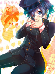 Rule 34 | 1girl, atlus, blue eyes, blue hair, breasts, cabbie hat, hair between eyes, hat, hip focus, jacket, kazanami, looking at viewer, matching hair/eyes, open mouth, persona, persona 4, school uniform, shirogane naoto, short hair, sitting, small breasts, smile, solo, wavy hair