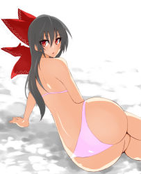 Rule 34 | 1girl, arm support, ass, bad id, bad pixiv id, bikini, black hair, bow, female focus, from behind, hair bow, hakurei reimu, hip focus, jont, long hair, looking at viewer, looking back, lying, on side, red eyes, ringed eyes, solo, swimsuit, touhou, white background, wide hips