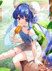 Rule 34 | 1girl, :q, bad id, bad pixiv id, bare shoulders, blue eyes, blue hair, blue shirt, blush, collarbone, eel hat, feet out of frame, food, hair ornament, hair tie, hairband, hat, highres, holding, holding food, koyubita, leaf, long hair, looking at viewer, off-shoulder shirt, off shoulder, otomachi una, outdoors, plant, popsicle, shirt, signature, skirt, solo, star (symbol), star hair ornament, thigh strap, tongue, tongue out, twintails, very long hair, vocaloid, white skirt, x hair ornament