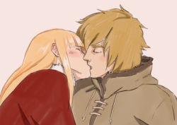 Rule 34 | 2boys, androgynous, blonde hair, blunt bangs, blush, canute, closed eyes, eyebrows, french kiss, fur collar, fur trim, hood, kiss, male focus, multiple boys, ngtventhusiast, open mouth, pink background, prince, simple background, thorfinn, viking, vinland saga, yaoi