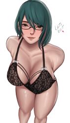 Rule 34 | 1girl, bra, breasts, brown eyes, cleavage, dead or alive, edmun6969, glasses, green hair, highres, lace, lace-trimmed bra, lace bra, lace panties, lace trim, large breasts, leaning forward, mole, mole under eye, panties, simple background, tamaki (doa), underwear, white background
