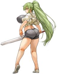Rule 34 | 1girl, ass, bike shorts, blush, breasts, butt crack, cropped jacket, from side, full body, green hair, highres, holding, holding sword, holding weapon, large breasts, long hair, original, perky breasts, ponytail, puffy nipples, sachito, shiny clothes, shoes, short shorts, shorts, simple background, solo, spandex, standing, sumi-chan (sachito), sword, thick thighs, thighs, very long hair, weapon, white background, white footwear, yellow eyes