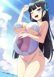 Rule 34 | 1girl, :d, aqua eyes, ball, beachball, bikini, black hair, blue sky, blunt bangs, blunt ends, breasts, commentary request, day, hair ornament, highres, holding, holding ball, large breasts, lens flare, long hair, mole, mole on body, mole on breast, navel, ocean, one eye closed, open mouth, original, outdoors, piercing, sakamata (sakamata4), side-tie bikini bottom, sky, smile, solo, standing, swimsuit, teeth, underboob, upper teeth only