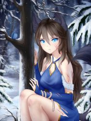 Rule 34 | 1girl, animal ears, bare shoulders, black ears, black tail, blood, blood from mouth, blue dress, blue eyes, blue jay, blurry, blurry background, braid, breasts, bridal gauntlets, brown hair, cleavage, cleavage cutout, clothing cutout, commission, dot nose, dress, freckles, gigamessy, hair between eyes, hair ornament, long hair, looking at viewer, medium breasts, nervous, original, pine tree, restrained, scratches, sitting, snow, snowing, solo, tail, torn clothes, tree, winter, wolf ears, wolf tail