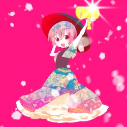 Rule 34 | 1girl, arms up, bad id, bad twitter id, bowl, floral print, from behind, full body, japanese clothes, kimono, looking at viewer, looking back, miracle mallet, nr (cmnrr), obi, object on head, open mouth, pink background, red eyes, sash, short hair, short sleeves, simple background, smile, solo, sparkle, sukuna shinmyoumaru, touhou, wide sleeves