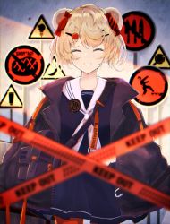 Rule 34 | 1girl, animal ears, arknights, bear ears, black dress, black jacket, blonde hair, butasanp, candy hair ornament, caution tape, closed eyes, dress, food-themed hair ornament, gummy (arknights), hair ornament, hairclip, highres, jacket, keep out, neckerchief, open clothes, open jacket, orange pantyhose, pantyhose, sailor collar, sailor dress, short hair, sign, smile, solo, standing, white neckerchief, white sailor collar