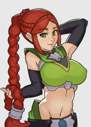 Rule 34 | 1girl, arm up, armpits, breasts, cassie (paladins), detached sleeves, covered erect nipples, female focus, green eyes, grey background, groin, highres, large breasts, lips, long hair, midriff, navel, paladins, red hair, simple background, smile, solo, splashbrush, very long hair