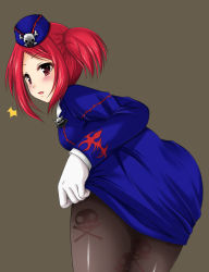 Rule 34 | 1girl, ^^^, adjusting clothes, ass, bent over, black pantyhose, blush, duel monster, gloves, hat, kazami ren (fuushagoya), looking at viewer, looking back, open mouth, pantyhose, red eyes, red hair, short hair, short twintails, skirt, skirt set, skull, skull and crossbones, skull print, solo, taut clothes, tour guide from the underworld, twintails, yu-gi-oh!